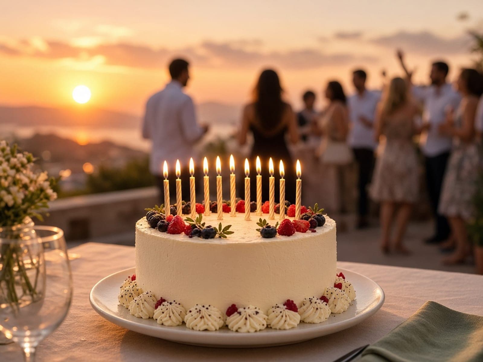 Birthday cake candles at a sunset terrace party