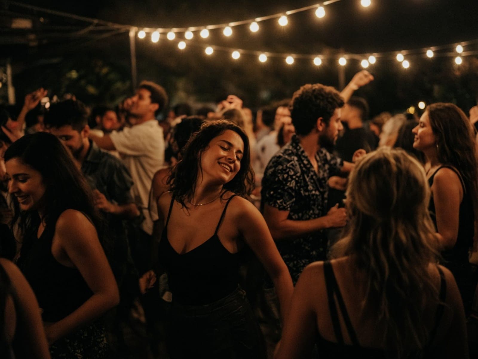 Crowd dancing under string lights at a night party