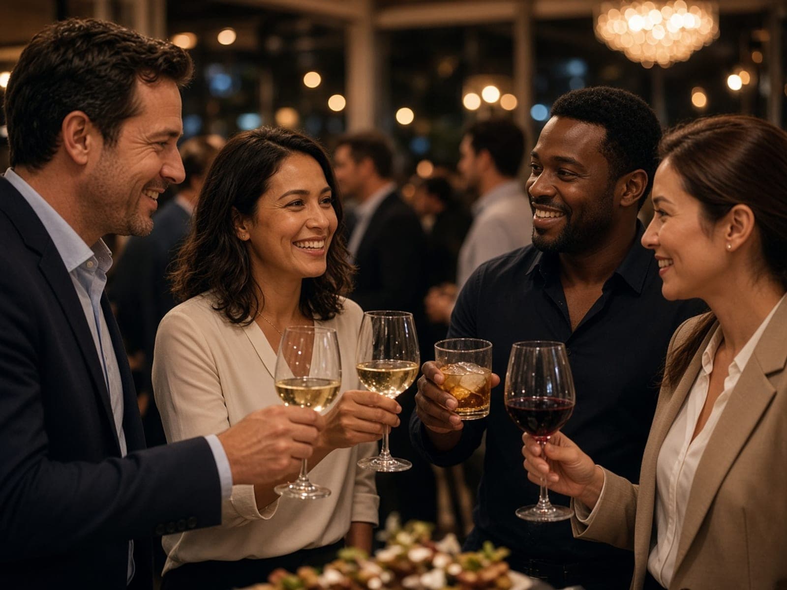 Colleagues toasting at an evening company event