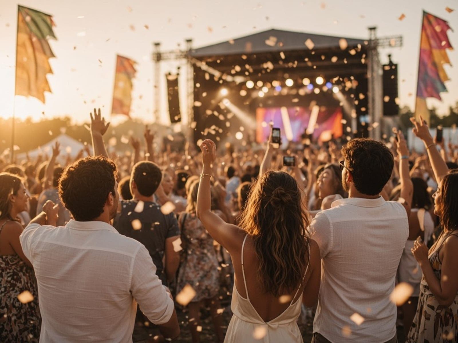 Crowd cheering with confetti at an outdoor music festival stage during sunset